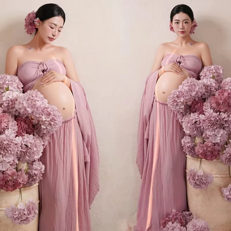 Vestido premamá rosa elegante para sesión de fotos - imagen 3