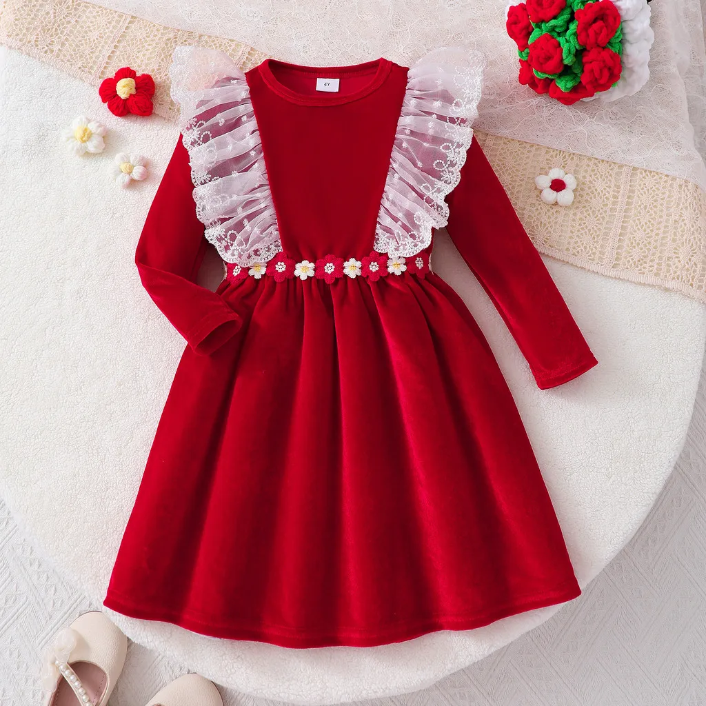 Vestido de niña con encaje floral, manga larga, primavera-otoño