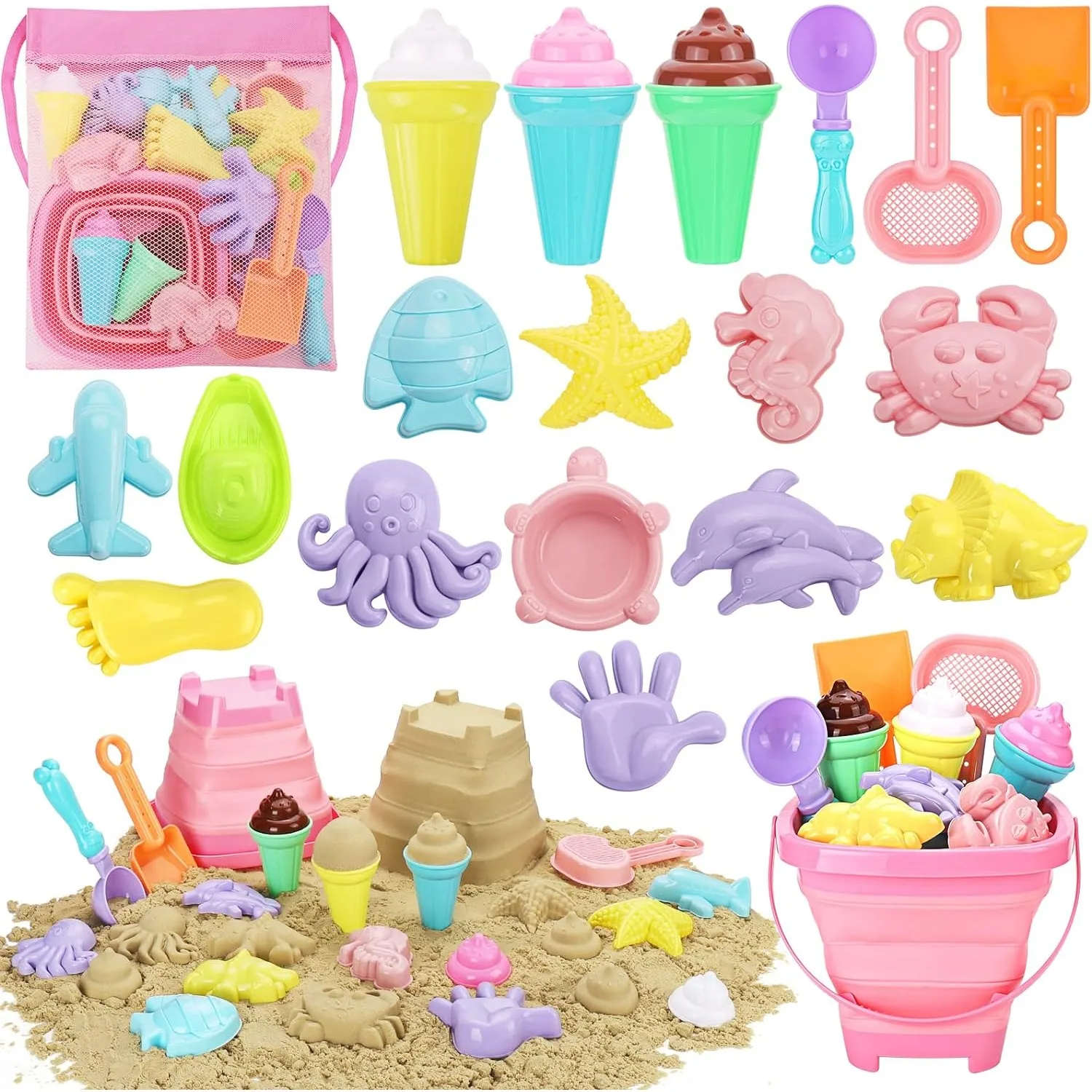 Juego completo de juguetes de playa con cubo plegable
