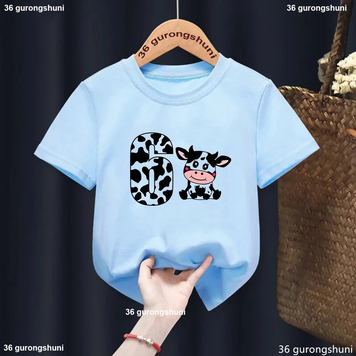 Camiseta Kawaii de vaca para niño y niña – Manga corta azul gris - imagen 5