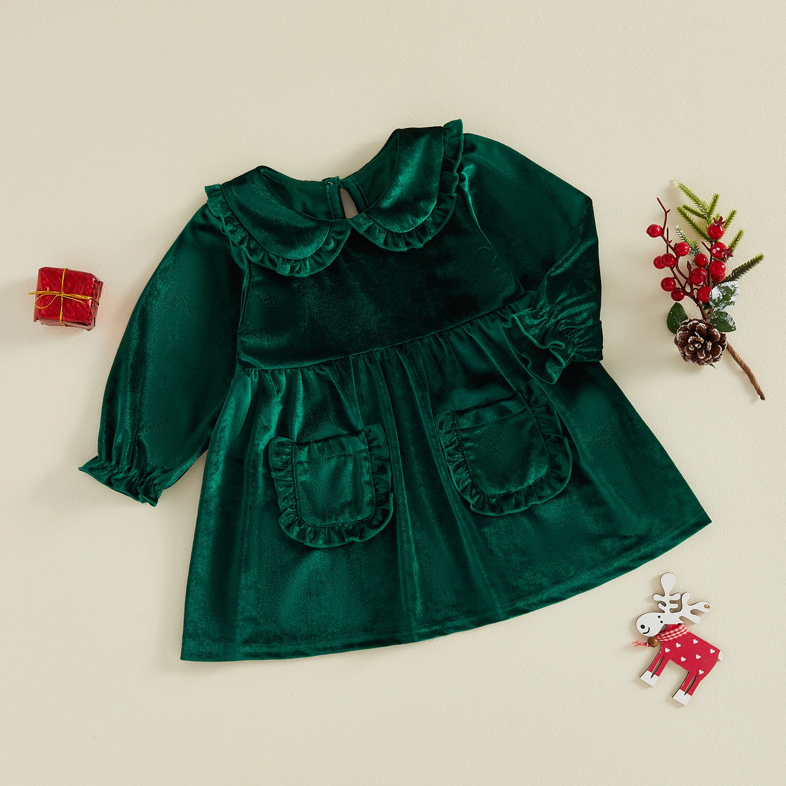 Vestido de terciopelo navideño niña pequeña corte en A con bolsillos