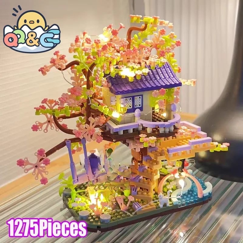 Casa del árbol floral con bloques de construcción para niños