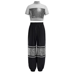 Conjunto de baile hip hop para niñas con top de malla y cargo