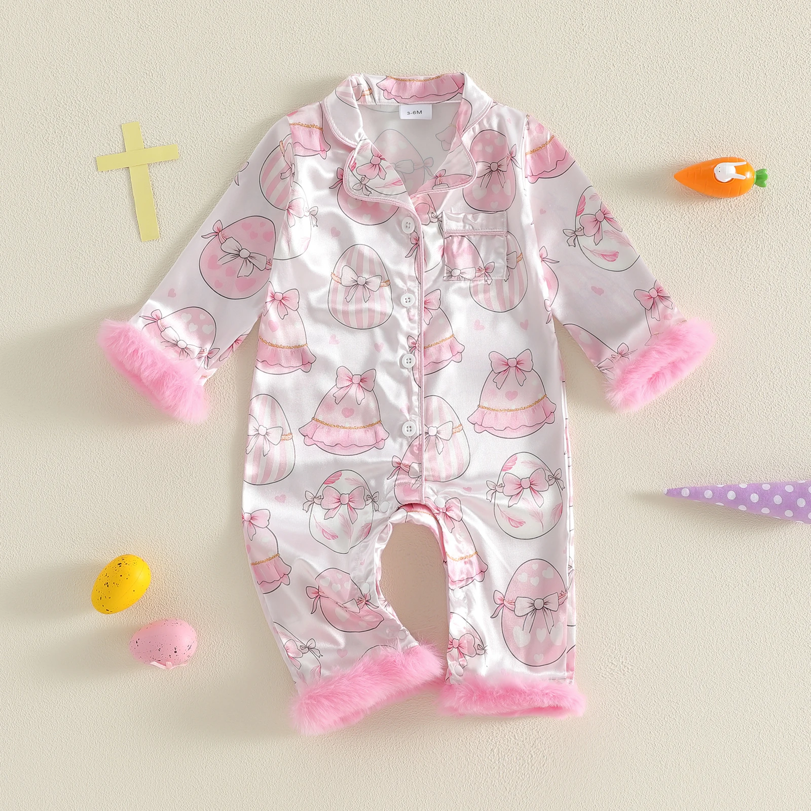 Pijama de satén para niña conejito y huevo, manga larga con botones - imagen 2