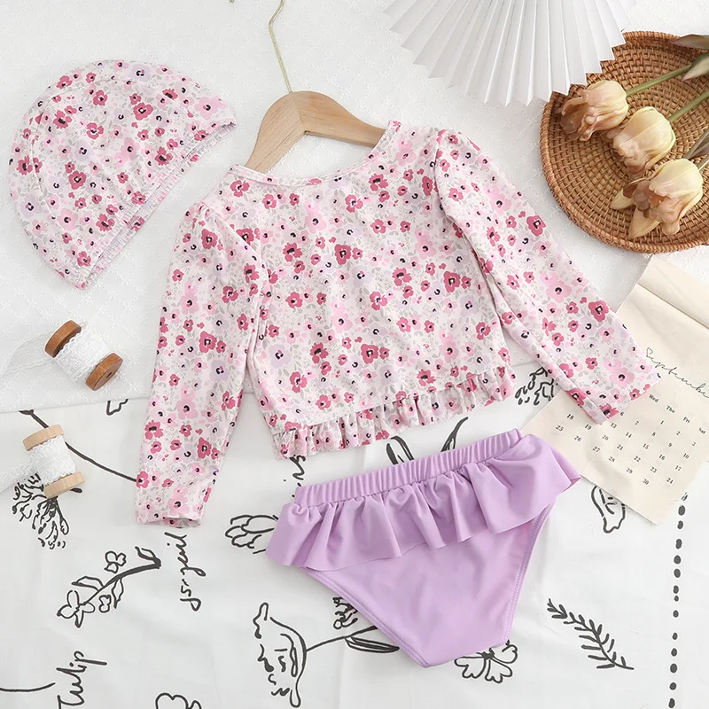 Bañador niña de manga larga estampado floral con volantes, bikini