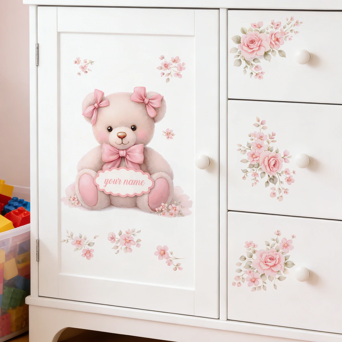 Pegatina de pared personalizada con nombre y lazo rosa, oso de peluche - imagen 5