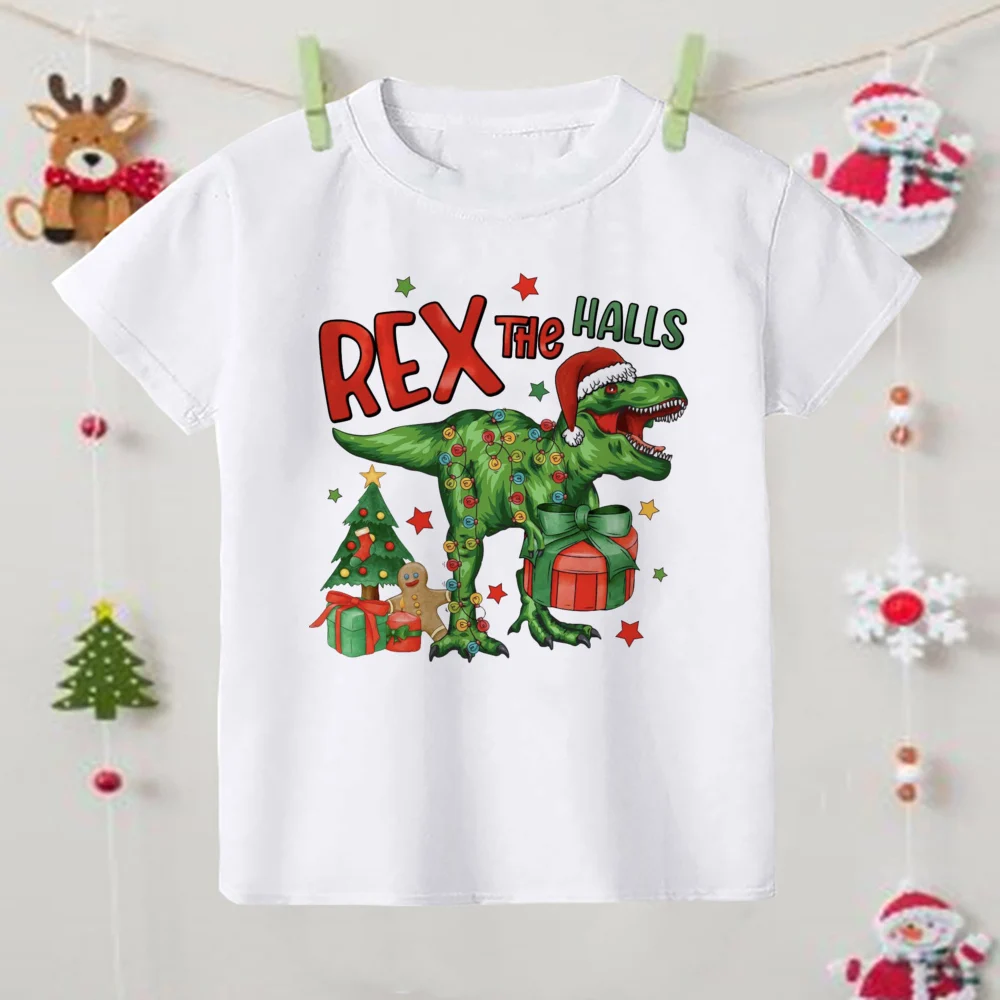 Camiseta infantil navideña de dinosaurios estilo dibujos manga corta - imagen 3
