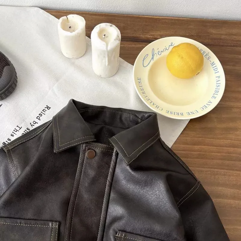 Chaqueta de piel sintética para niños estilo retro de otoño