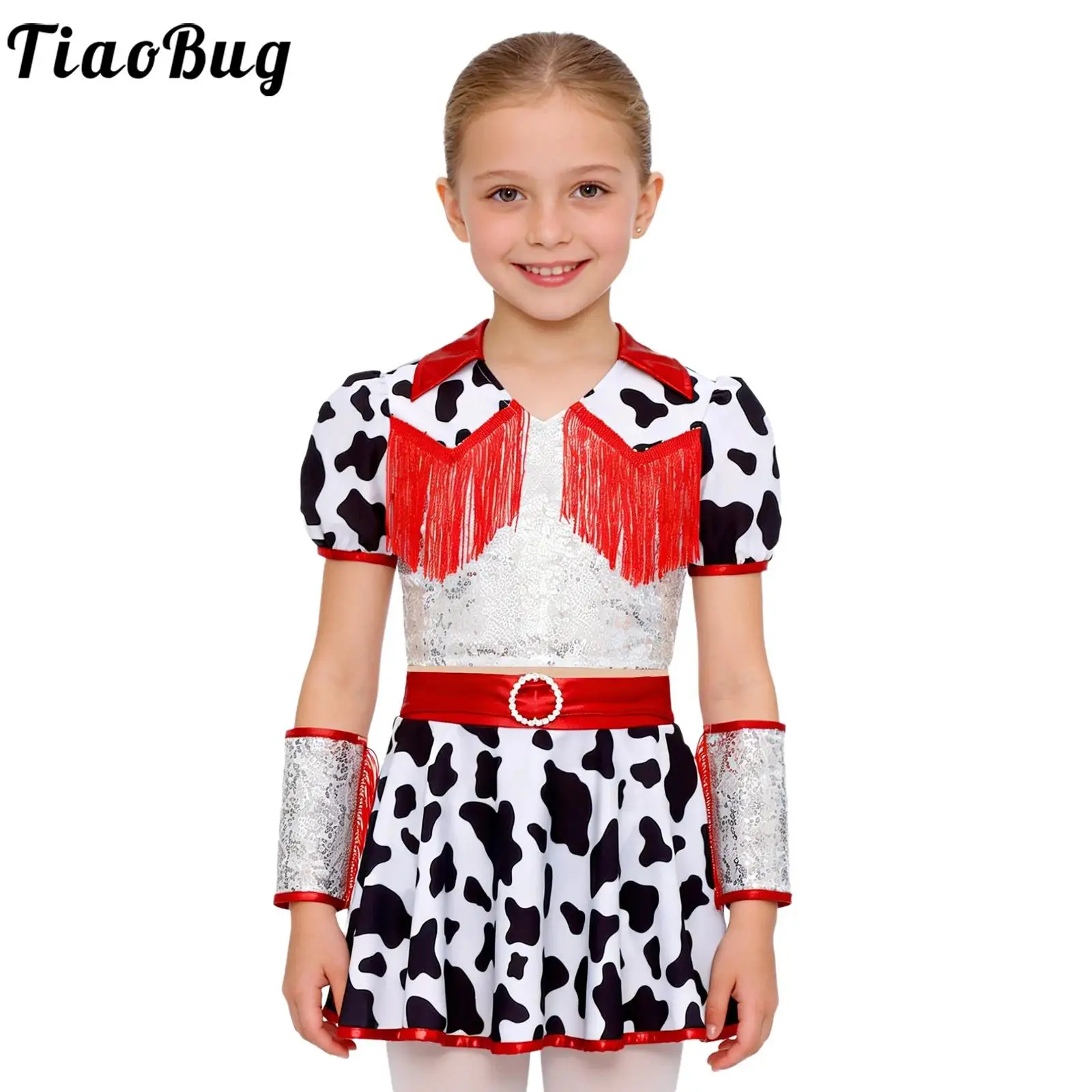 Disfraz vaquera niña con lentejuelas flecos estampado de vaca