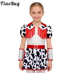 Disfraz vaquera niña con lentejuelas flecos estampado de vaca