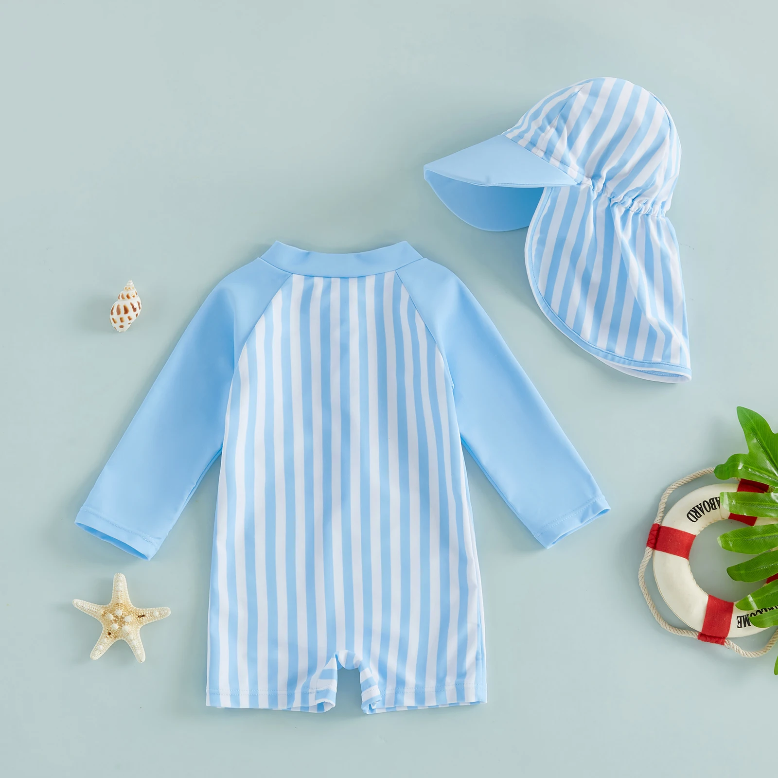 Tregren Bañador de rayas con manga larga y sombrero para bebés - imagen 2