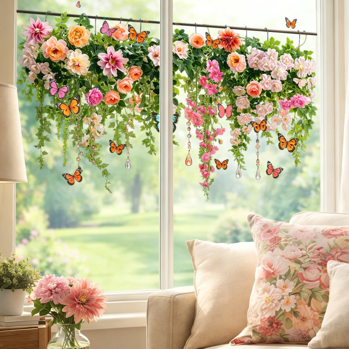 Vinilo estático removible para ventanas con flores y mariposas