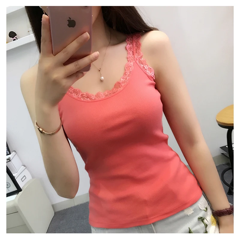 Camisola de algodón sin mangas con encaje y cuello en U ajustada - imagen 5