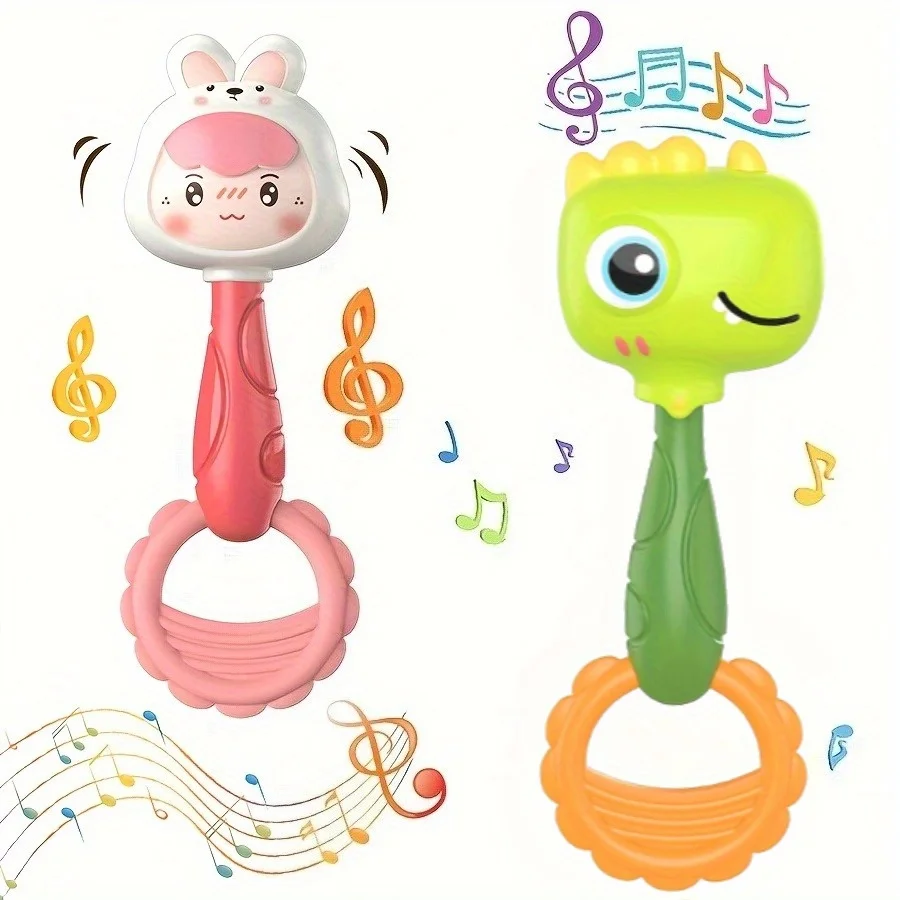 Sonajero de mano conejito rosa y dinosaurio verde para bebés