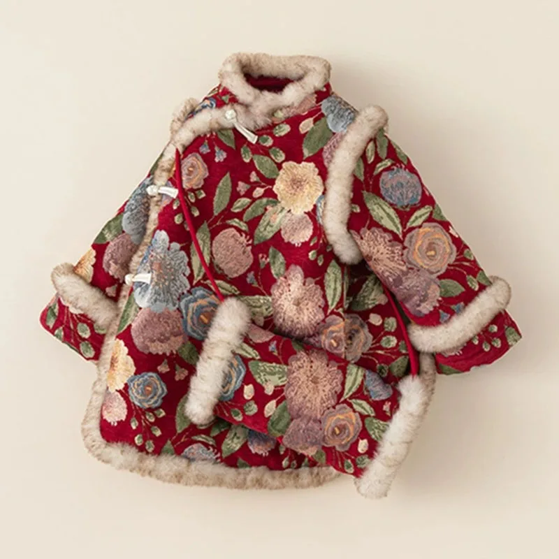 Vestido rojo de invierno para niña – Bordado floral con forro polar - imagen 4