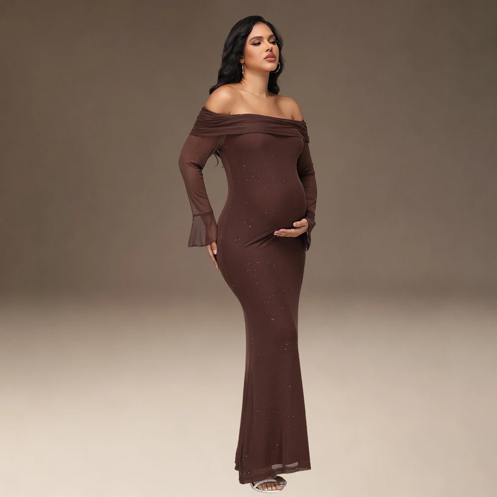 Vestido premamá largo elegante con hombros descubiertos y lentejuelas - imagen 5