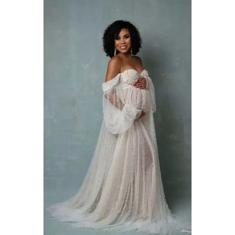 Vestido de maternidad largo en hilo blanco con perlas densas - imagen 4
