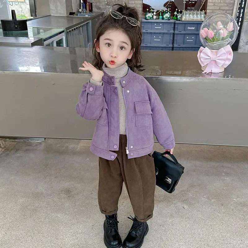 Chaqueta de cuero para niña con cremallera y cuello levantado - imagen 5
