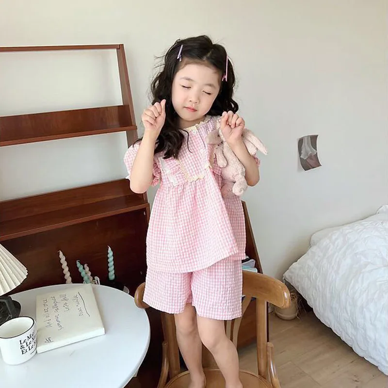Pijama algodón a cuadros para niña – Conjunto fresco manga corta