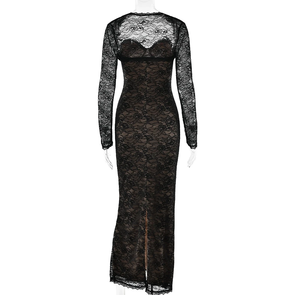 Vestido de maternidad de encaje negro manga larga para sesión - imagen 2