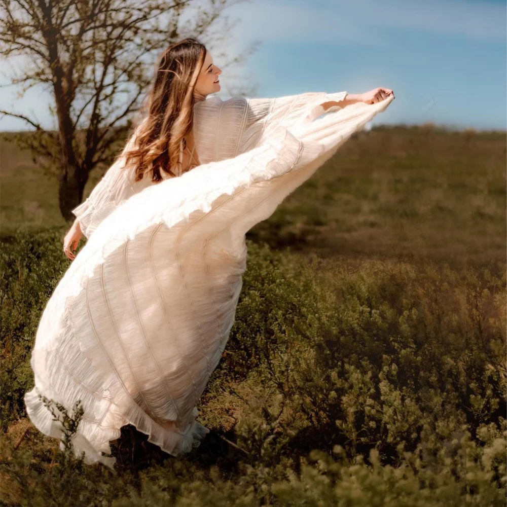 Vestido bohemio de maternidad para fotos – Gasa plisada y manga larga - imagen 5
