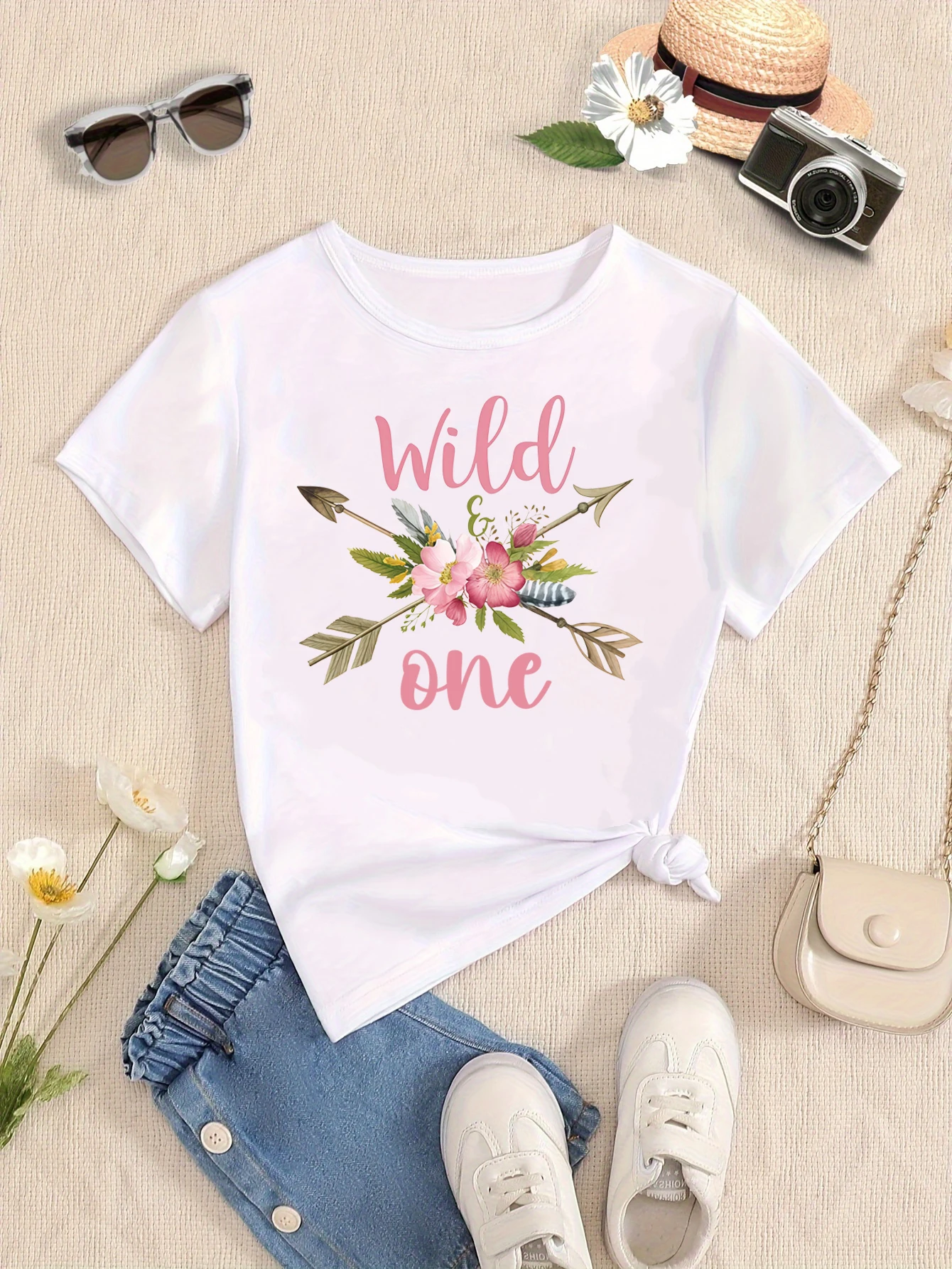 Camiseta Wild One de flores para niñas, manga corta veraniega - imagen 2