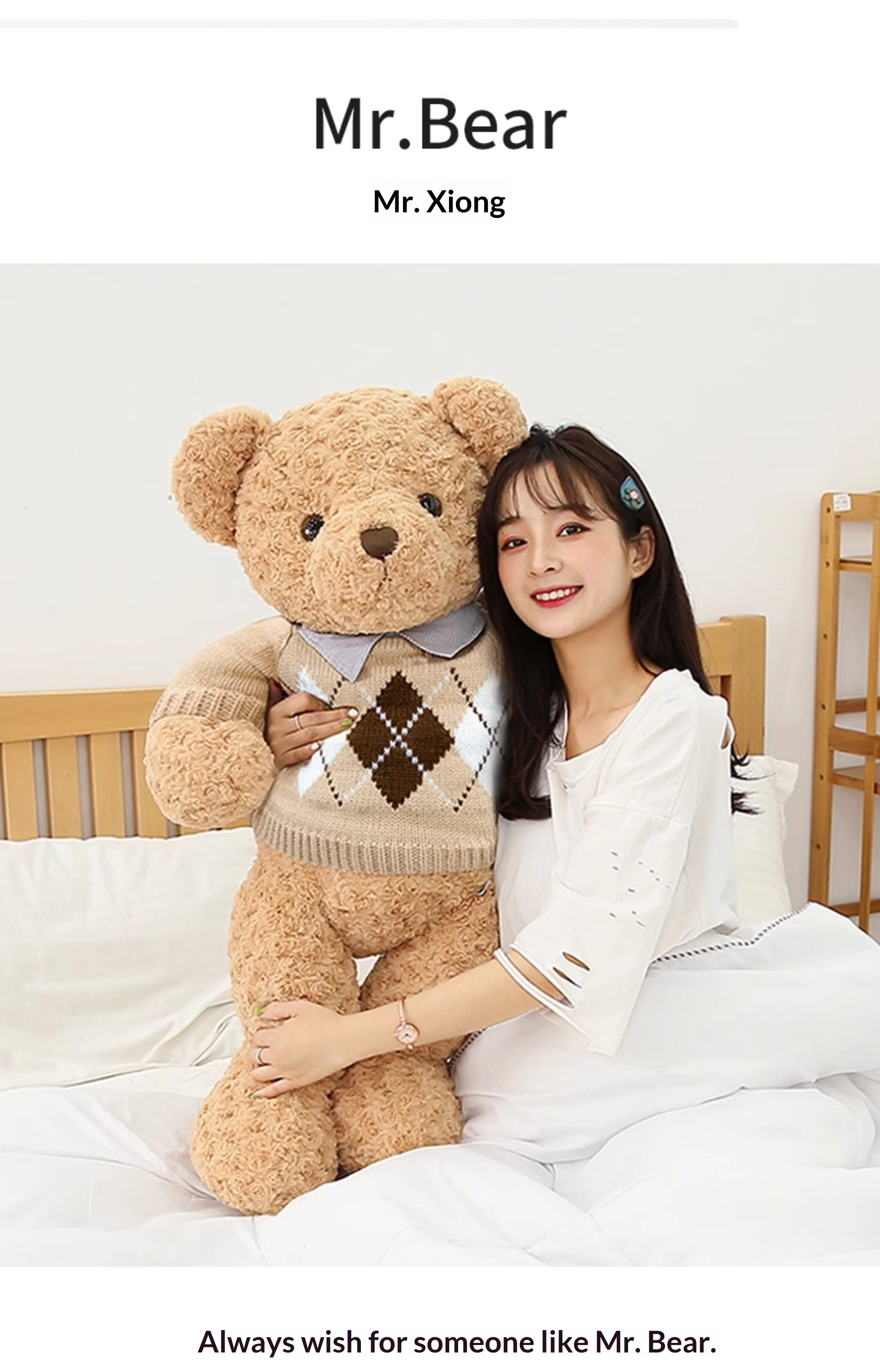 Oso de peluche con pelo rizado, ideal para dormir