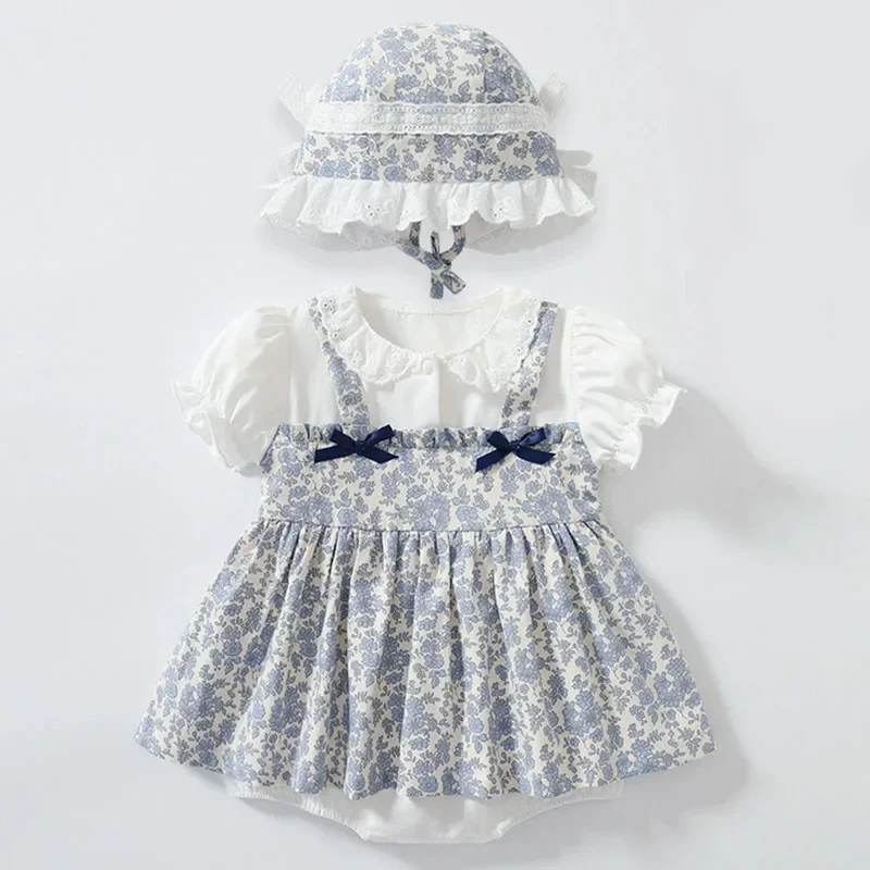 Mono de verano recién nacido flores con lazo y sombrero para niña - imagen 2