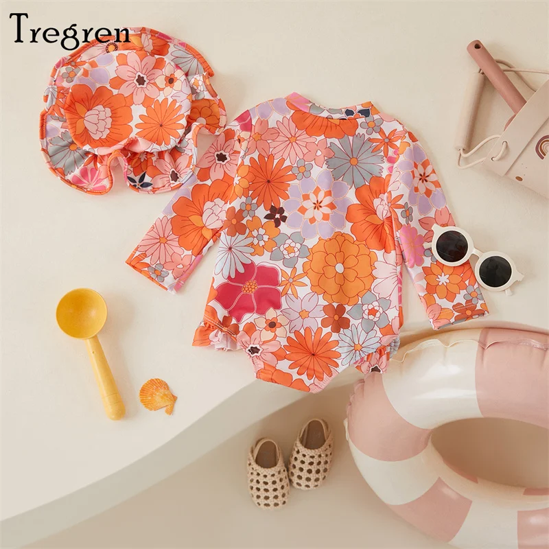 Tregren bañador manga larga para niña floral con gorro de concha - imagen 4