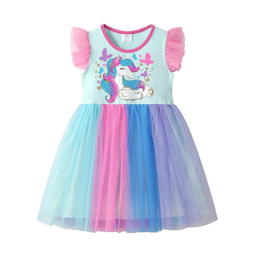 DXTON vestido de niña veraniego en algodón con tul y mariposas