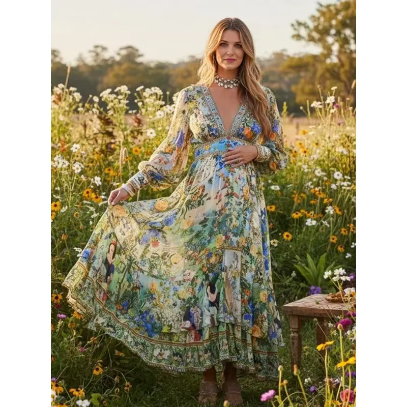 Vestido premamá vintage floral de manga larga para fotos boho - imagen 4
