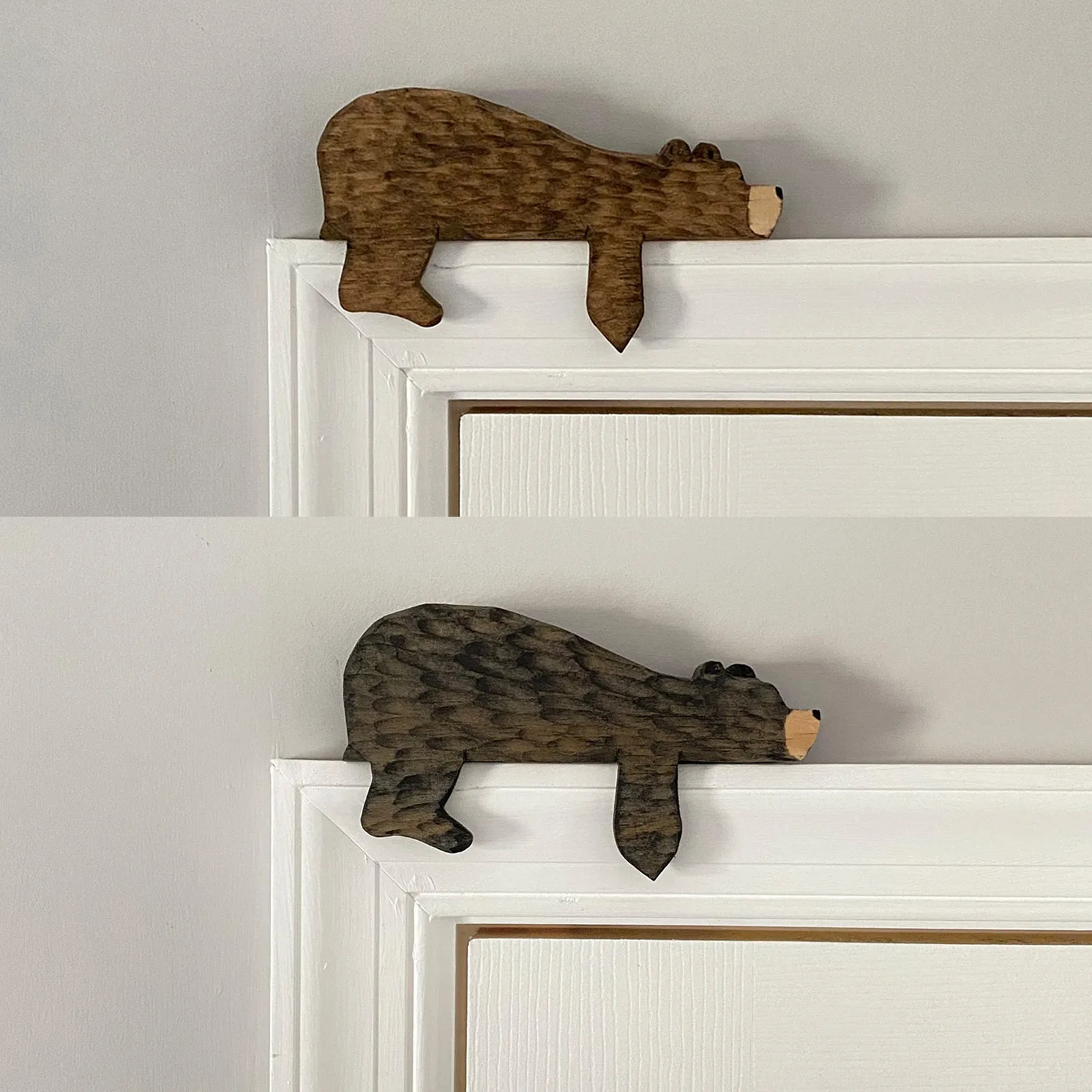 Adorno de puerta con oso de madera en tonos marrones y negros