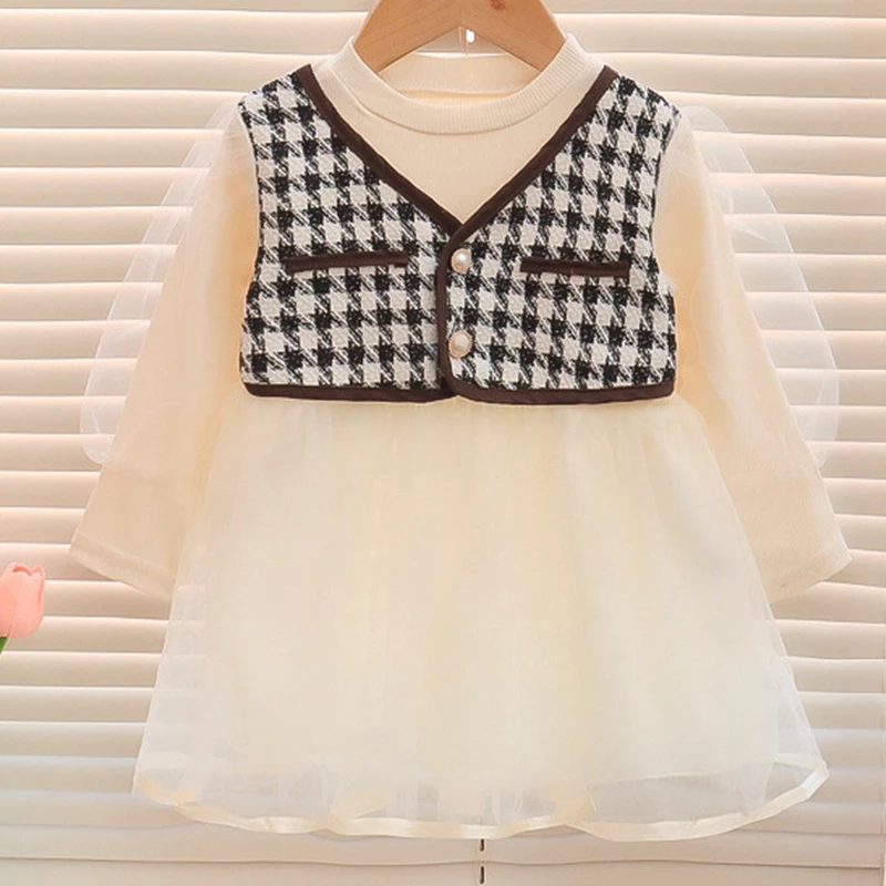 Vestido de bebé a cuadros manga larga estilo princesa para niña - imagen 3