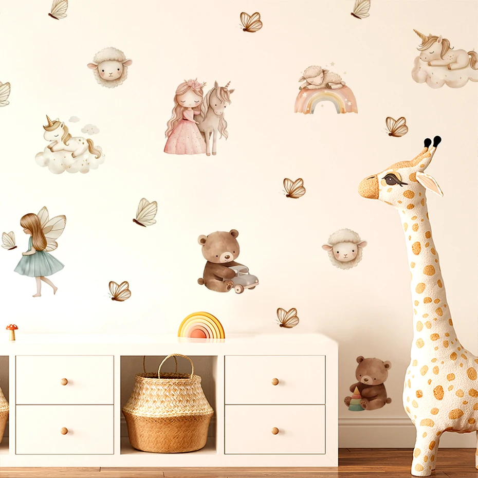 Pegatinas de pared acuarela unicornio con hada, oso y arcoíris
