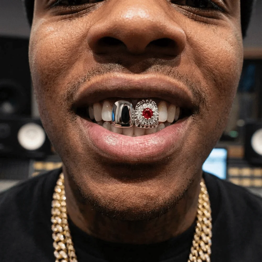 Grillz dentales removibles estilo hip hop dorado y plateado floral - imagen 3