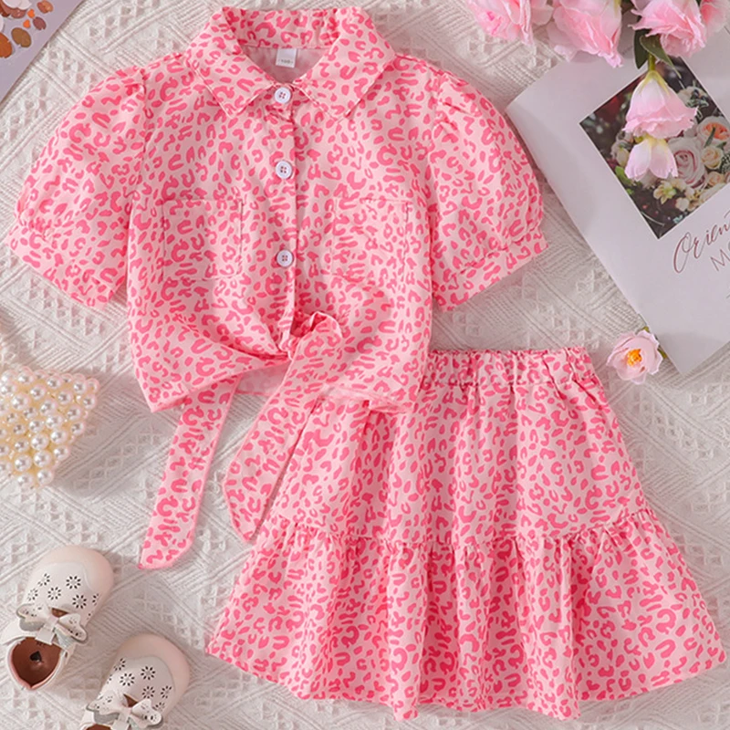 Conjunto niña estilo lujo dos piezas: camiseta de algodón rosa y falda - imagen 5
