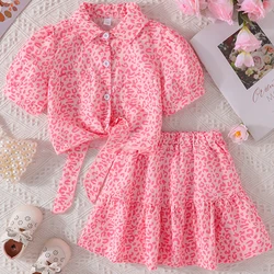 Conjunto niña estilo lujo dos piezas: camiseta de algodón rosa y falda