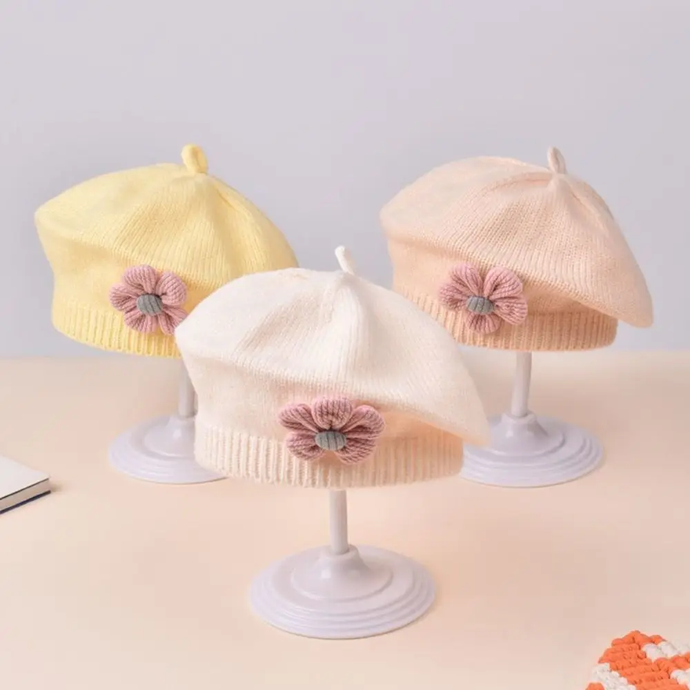 Gorro boina de punto cálido con flores para niña, estilo princesa - imagen 4
