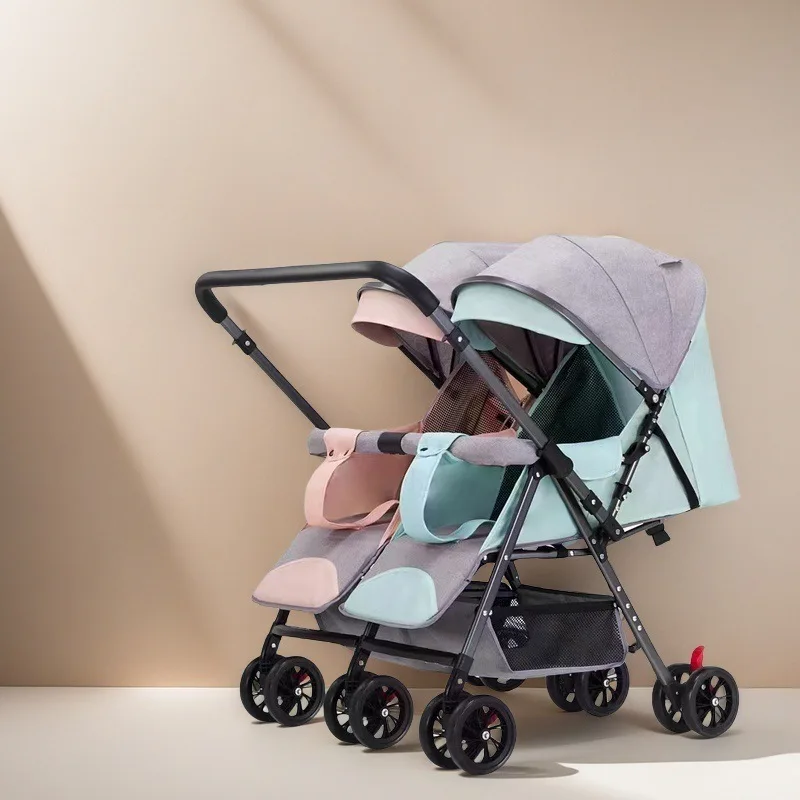 Cochecito doble para bebé con asiento reclinable y ruedas giratorias - imagen 3