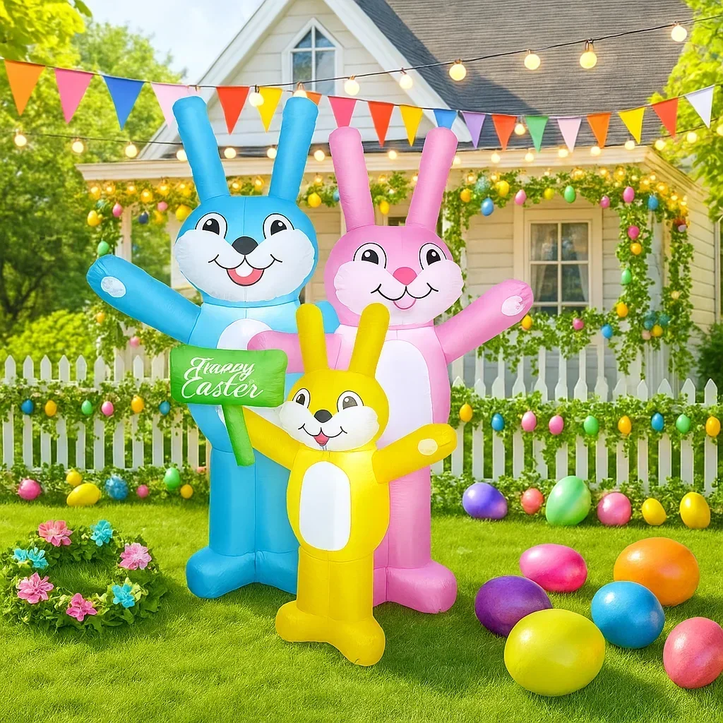 Familia de tres conejitos inflables en entorno de jardín