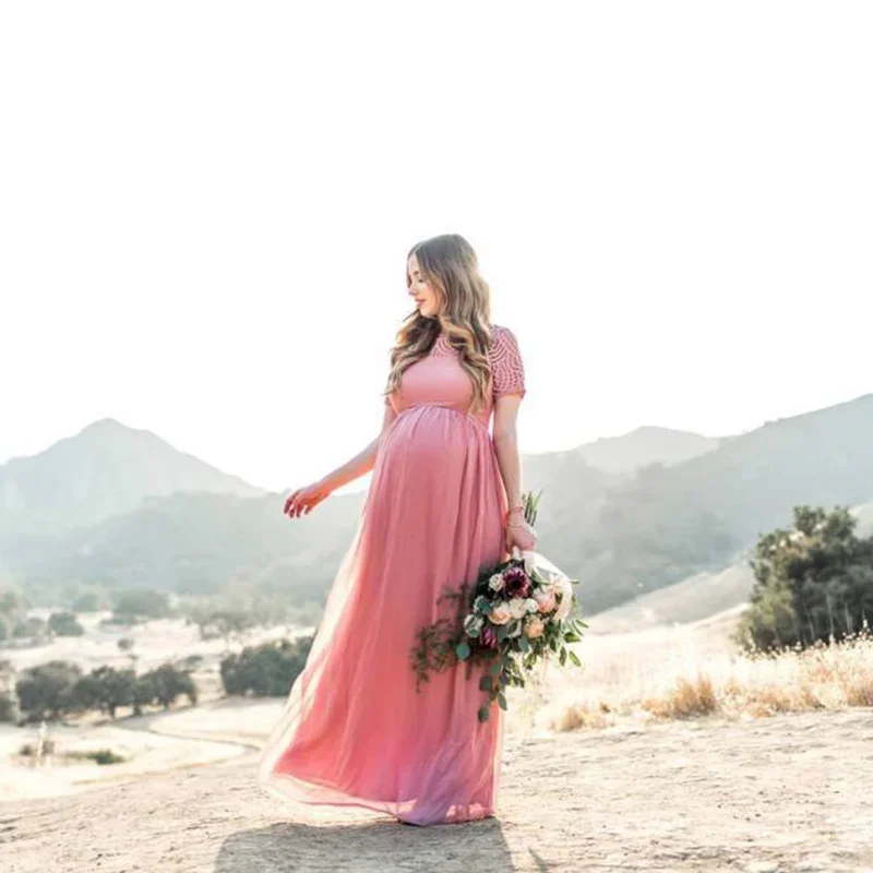 Vestido de maternidad largo elegante en gasa y encaje rosa polvoriento - imagen 4
