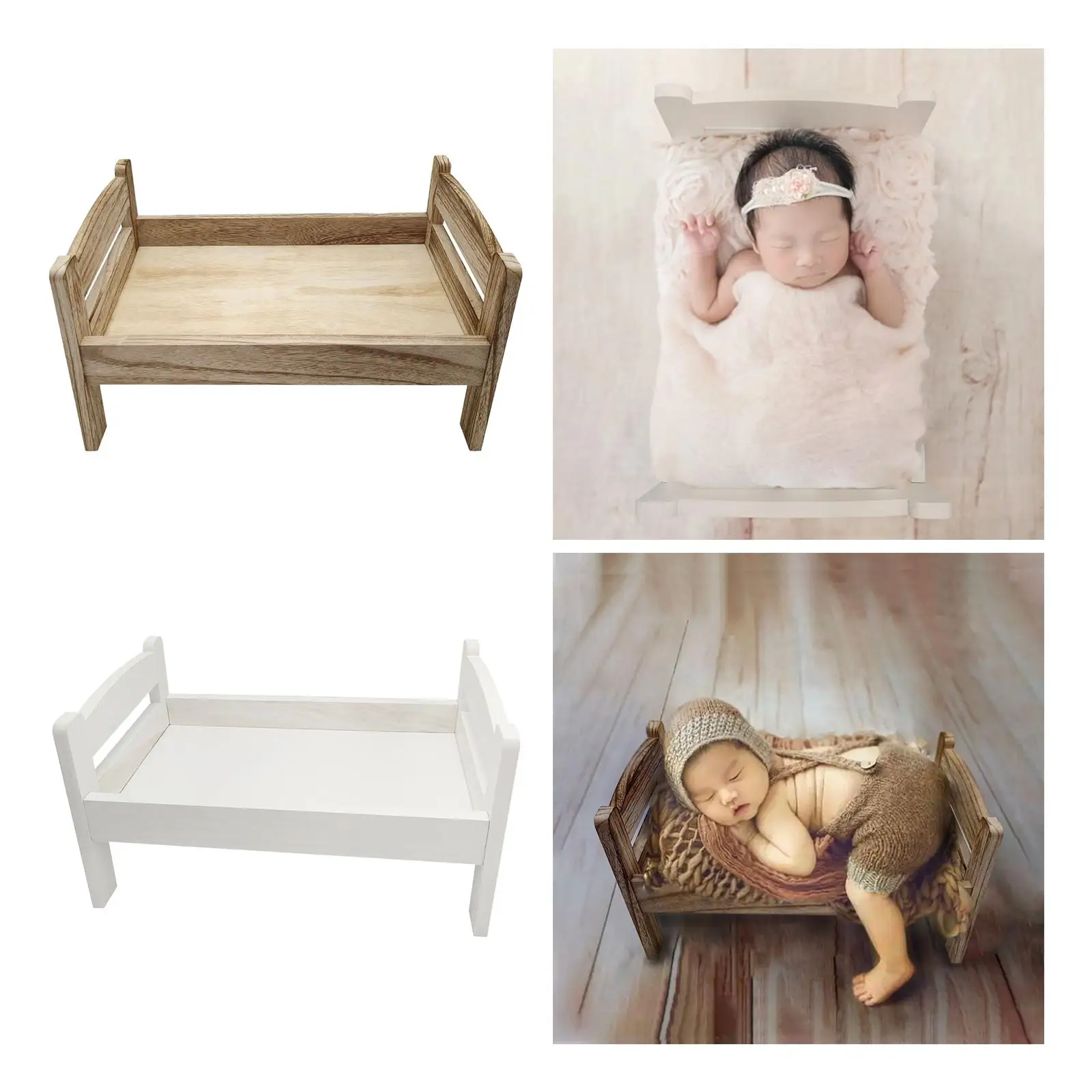 Cama de madera para fotografía de recién nacidos, vista lateral