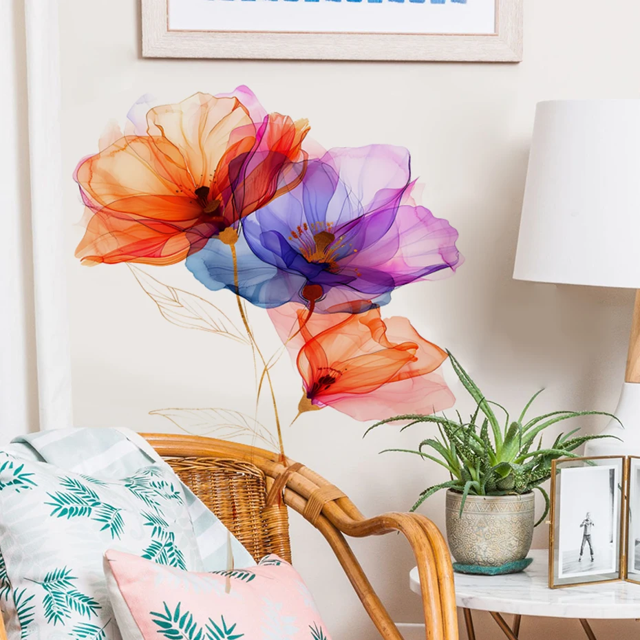 Pegatinas de pared de vinilo acuarela de flores azules para niña - imagen 5