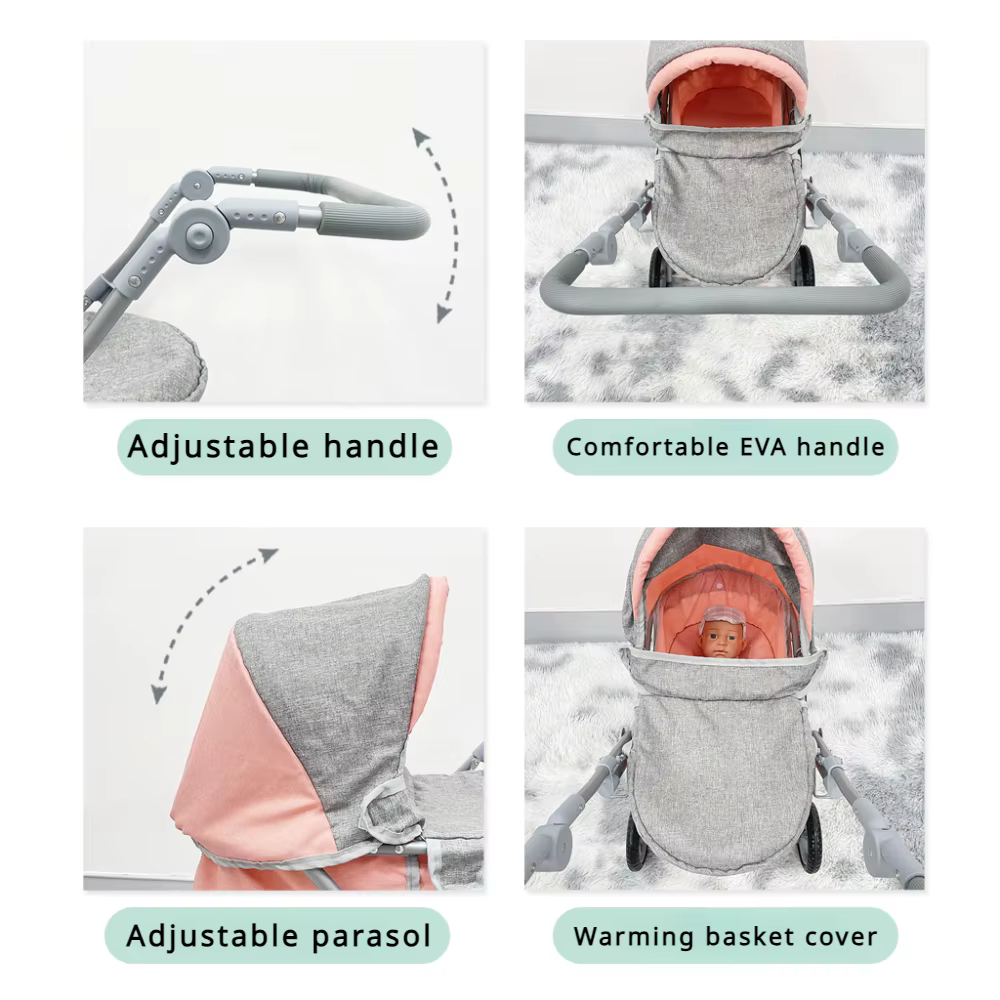 Cochecito de muñeca plegable con mango ajustable y dosel retráctil - imagen 4