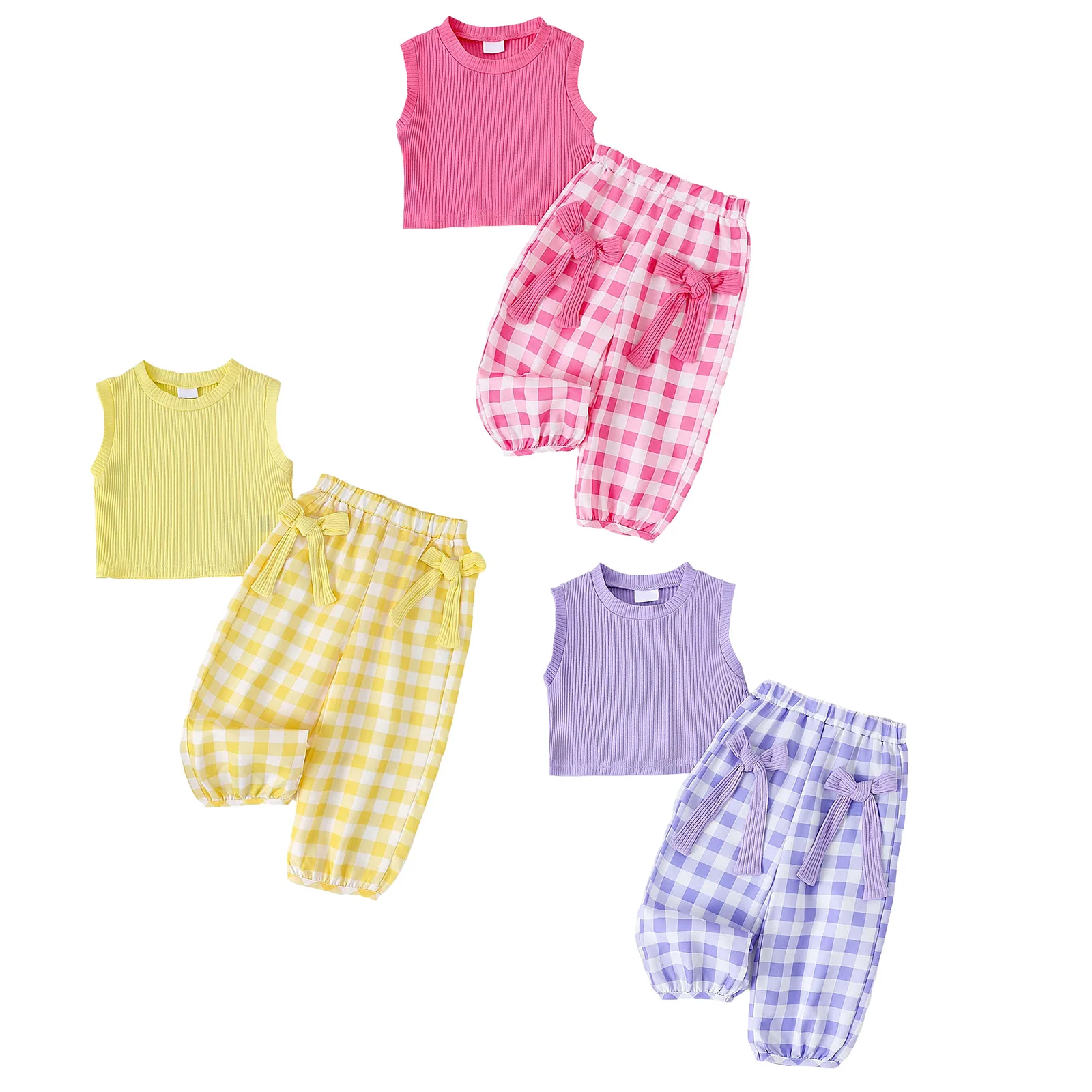 Conjunto de camisola sin mangas y pantalón con lazo a cuadros
