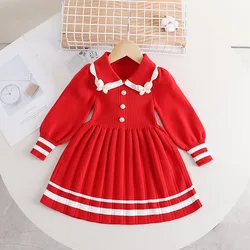Vestido de punto para niña a rayas con lazo y perlas