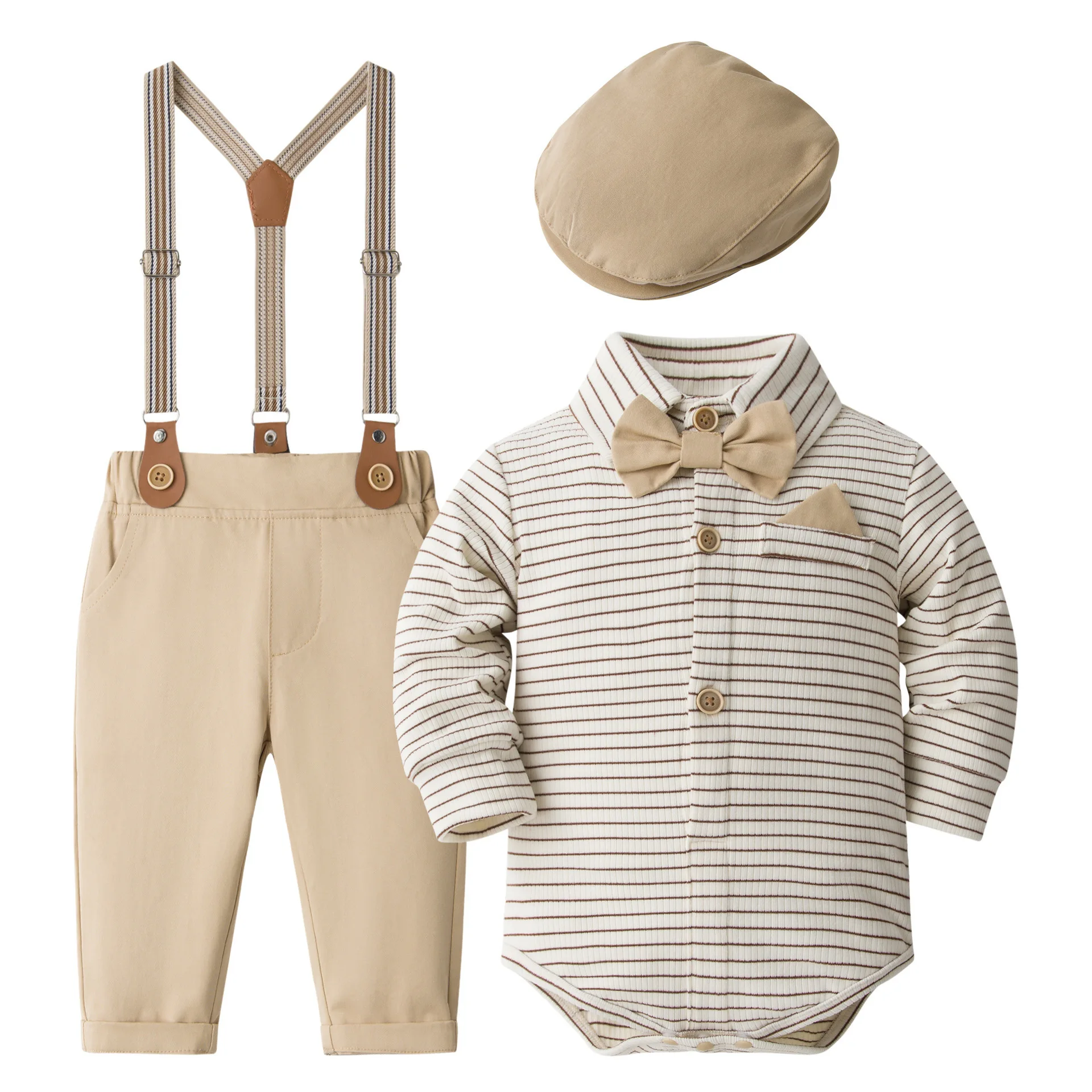 Conjunto bebé de primavera y otoño con camisa a rayas y gorro - imagen 2