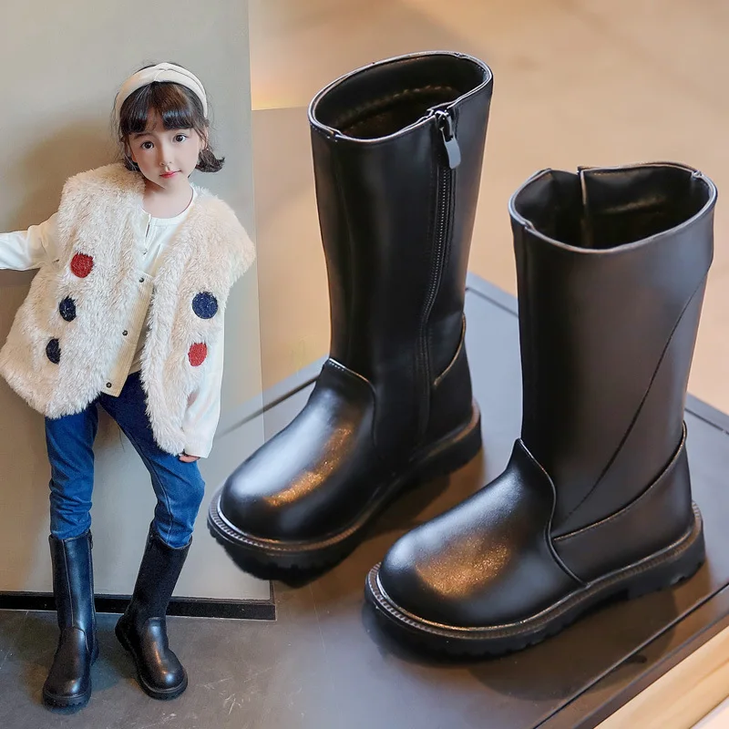 Botas altas de cuero PU negro para niñas y niños de invierno - imagen 5