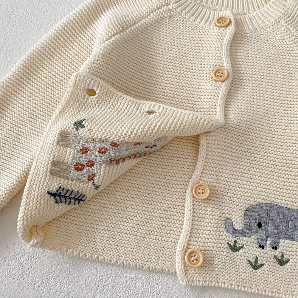 Suéter de punto bordado animales para niñas, beige, cuello redondo - imagen 5