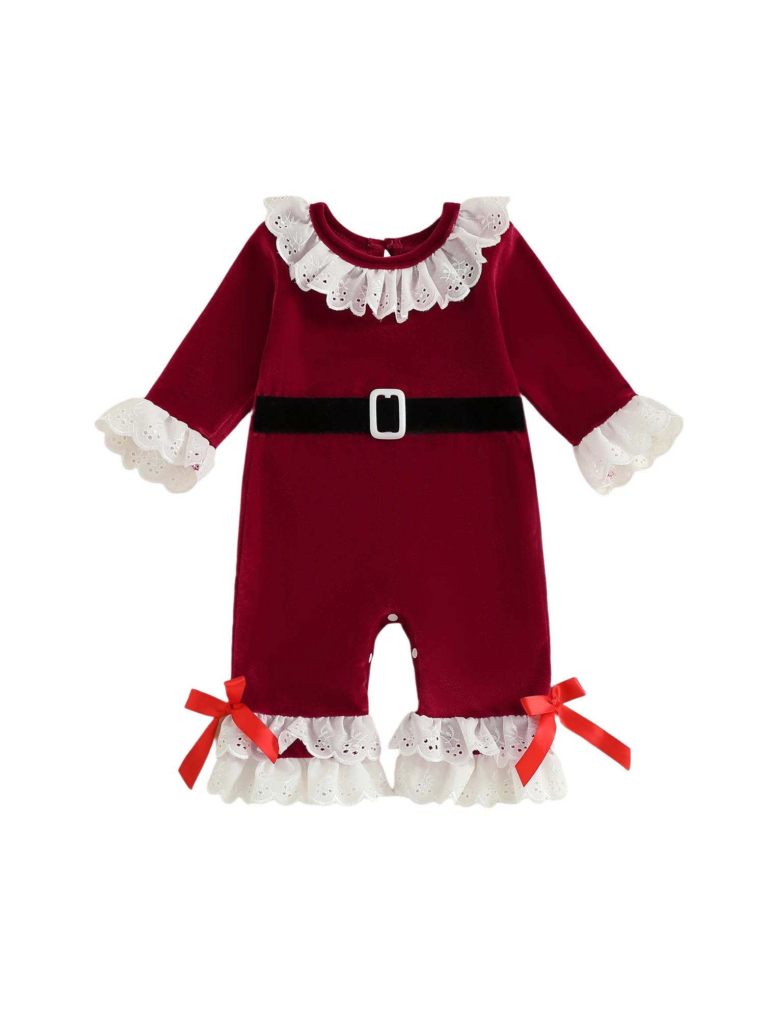 Pichi bebé de terciopelo navideño con volantes y encaje